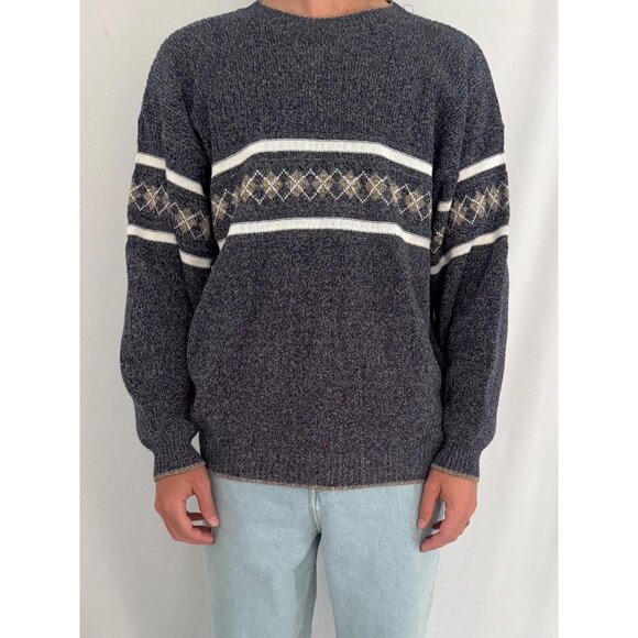90s vintage mens blue grey grandpa argyle print casual long sleeved knit sweater - Picture 2 of 10